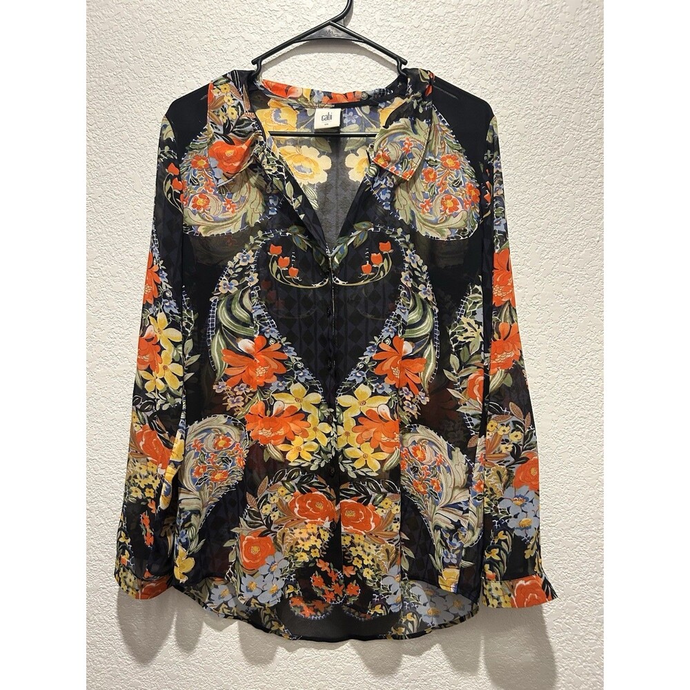 Cabi Blouse Women Small Navy Floral Sheer Button Front Artsy Bloomcore Office